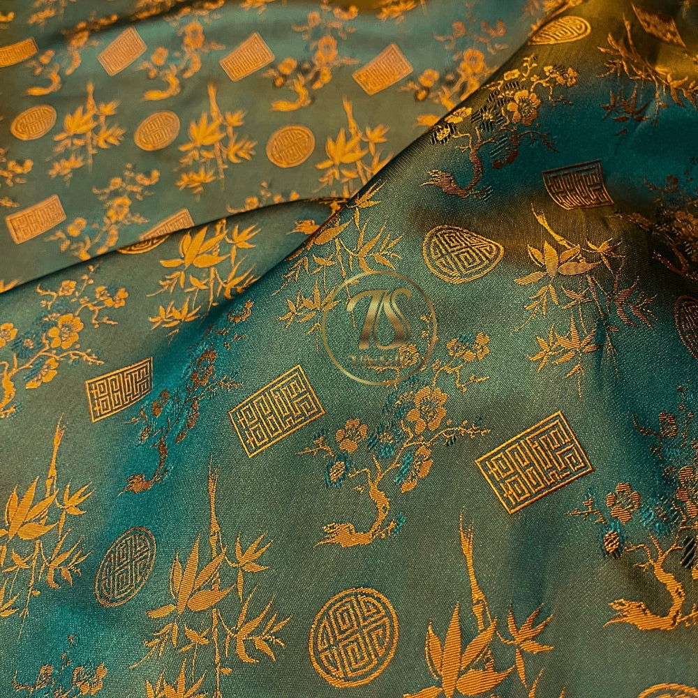 PATTERN MULBERRY SILK fabric by the yard - blue silk with orange bamboo pattern - Handmade fabric – Dress making – Silk for sewing - Gift for women