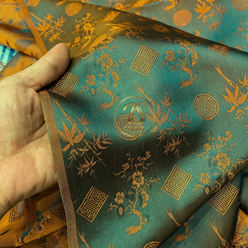 PATTERN MULBERRY SILK fabric by the yard - blue silk with orange bamboo pattern - Handmade fabric – Dress making – Silk for sewing - Gift for women