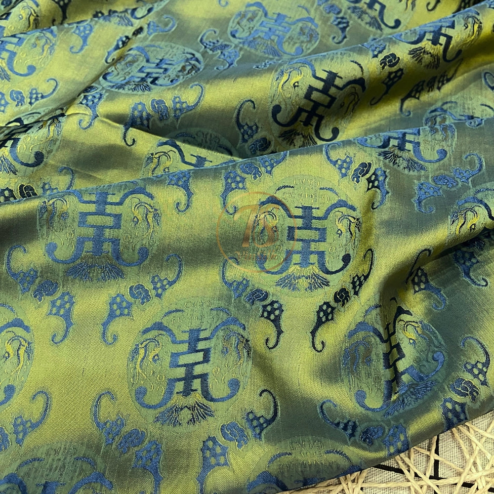 PATTERN MULBERRY SILK fabric by the yard - green yellow bat- Handmade fabric – Dress making – Silk for sewing - Gift for women