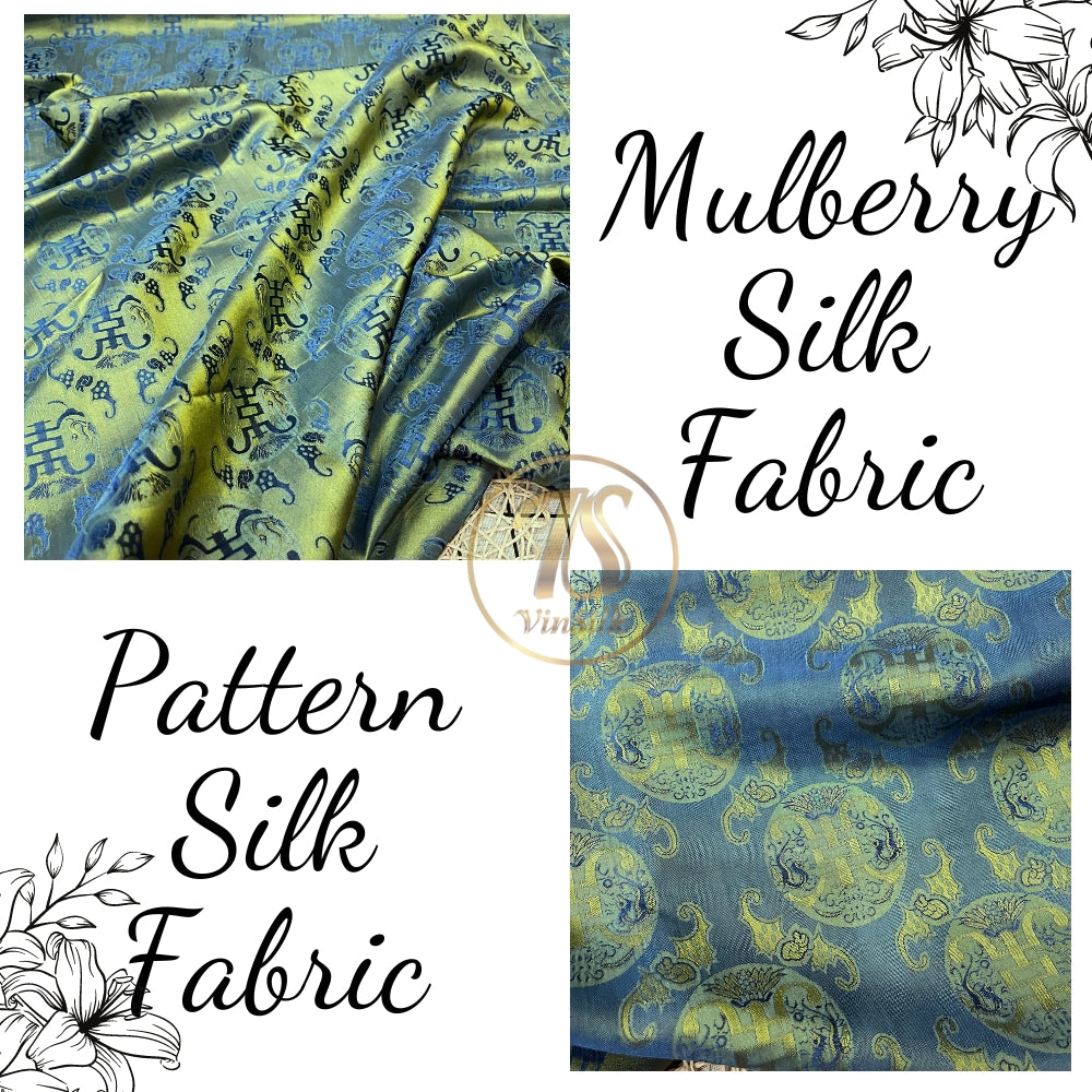 PATTERN MULBERRY SILK fabric by the yard - green yellow bat- Handmade fabric – Dress making – Silk for sewing - Gift for women