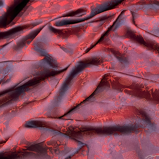 PATTERN MULBERRY SILK fabric by the yard - red silk with bamboo pattern - Handmade fabric – Dress making – Silk for sewing - Gift for women