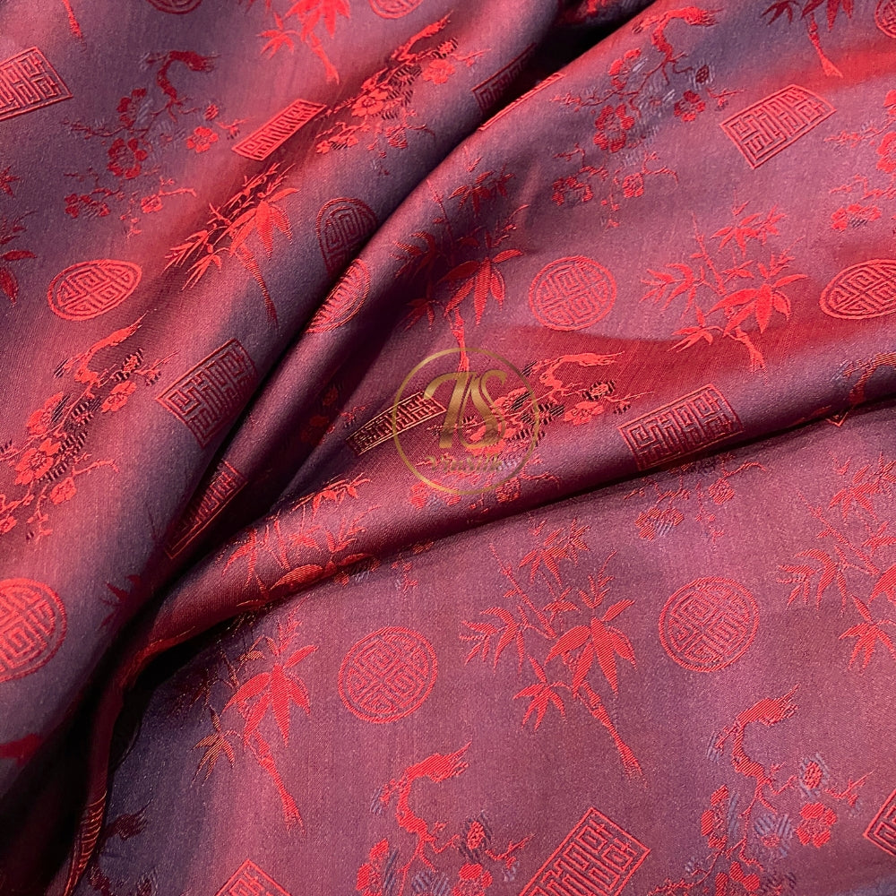 PATTERN MULBERRY SILK fabric by the yard - red silk with bamboo pattern - Handmade fabric – Dress making – Silk for sewing - Gift for women