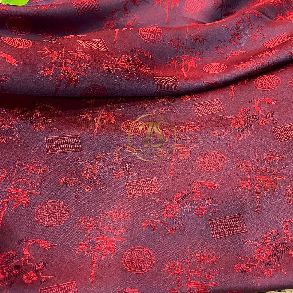 PATTERN MULBERRY SILK fabric by the yard - red silk with bamboo pattern - Handmade fabric – Dress making – Silk for sewing - Gift for women