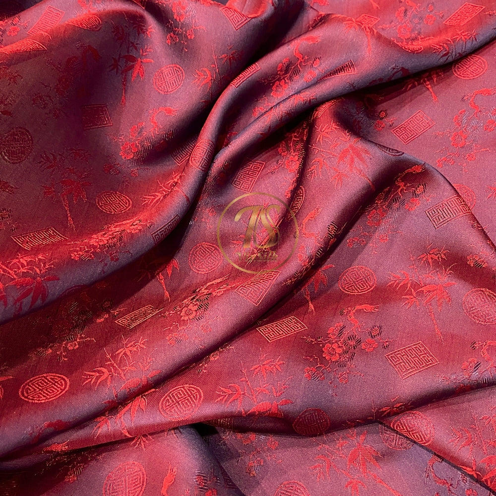 PATTERN MULBERRY SILK fabric by the yard - red silk with bamboo pattern - Handmade fabric – Dress making – Silk for sewing - Gift for women
