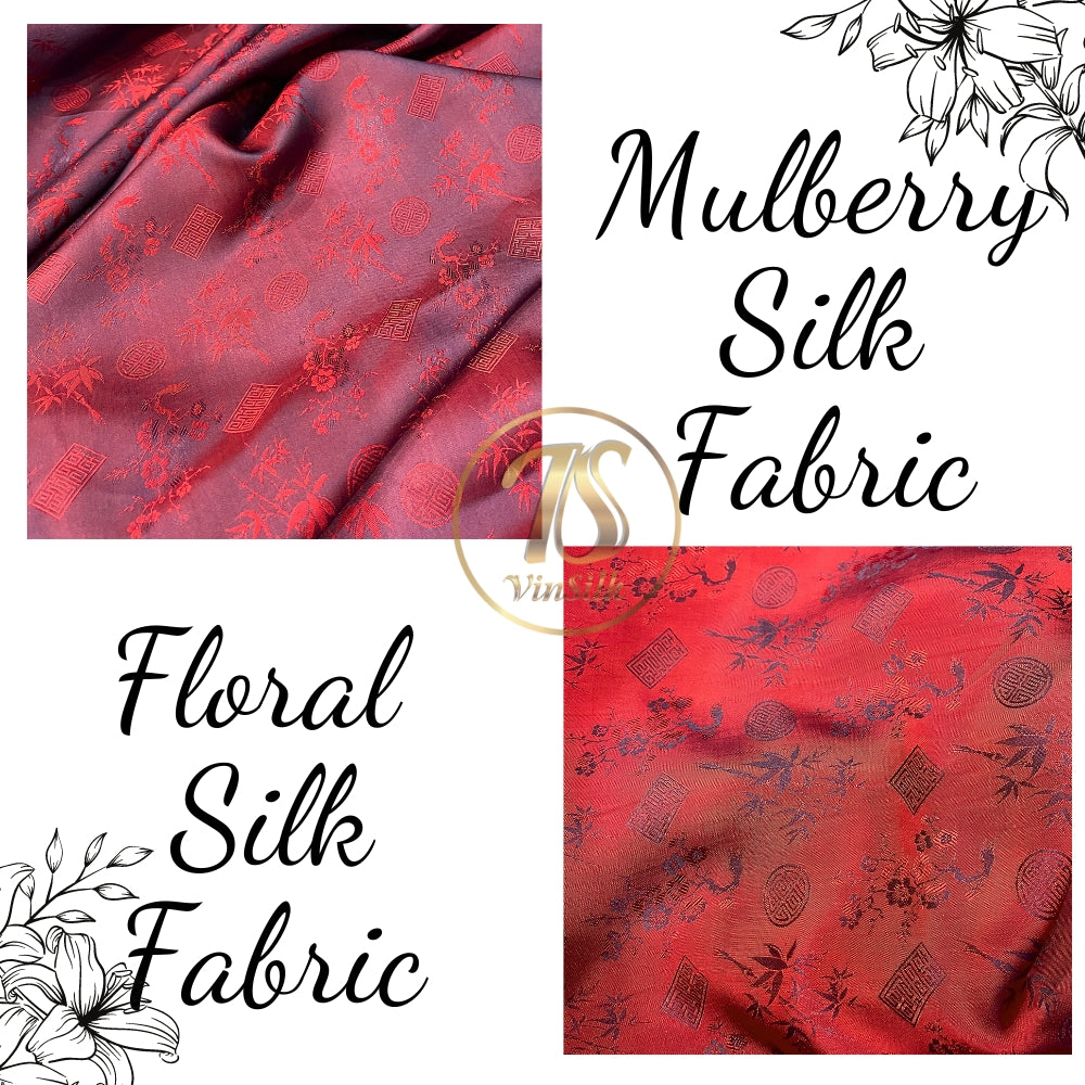 PATTERN MULBERRY SILK fabric by the yard - red silk with bamboo pattern - Handmade fabric – Dress making – Silk for sewing - Gift for women