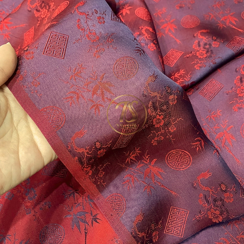 PATTERN MULBERRY SILK fabric by the yard - red silk with bamboo pattern - Handmade fabric – Dress making – Silk for sewing - Gift for women