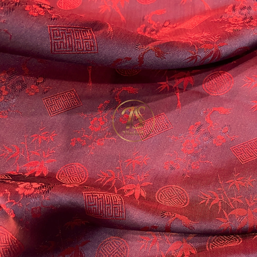 PATTERN MULBERRY SILK fabric by the yard - red silk with bamboo pattern - Handmade fabric – Dress making – Silk for sewing - Gift for women