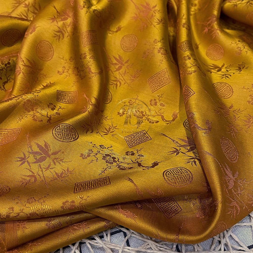PATTERN MULBERRY SILK fabric by the yard - yellow silk with bamboo pattern - Handmade fabric – Dress making – Silk for sewing - Gift for women