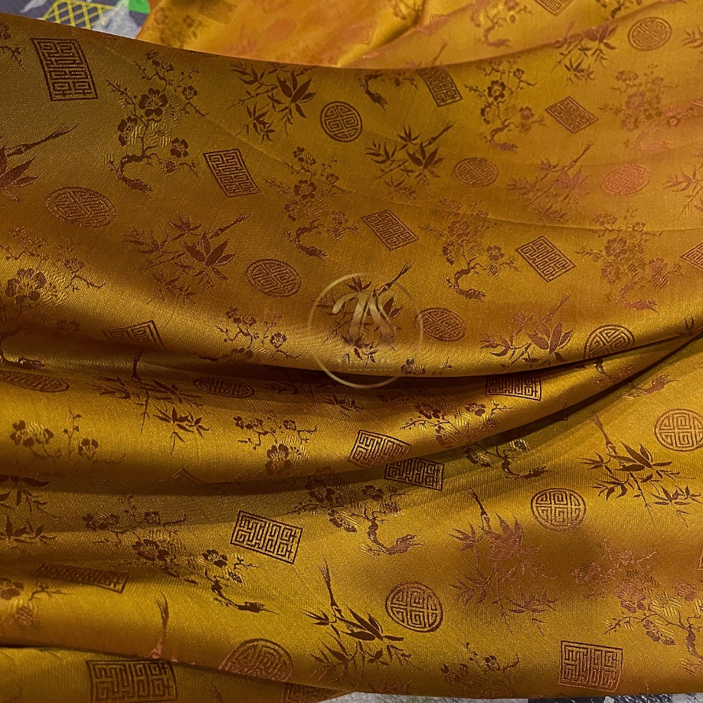 PATTERN MULBERRY SILK fabric by the yard - yellow silk with bamboo pattern - Handmade fabric – Dress making – Silk for sewing - Gift for women