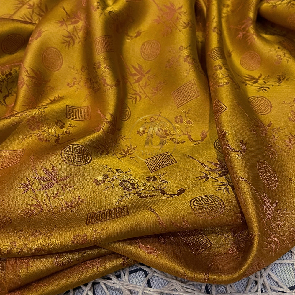 PATTERN MULBERRY SILK fabric by the yard - yellow silk with bamboo pattern - Handmade fabric – Dress making – Silk for sewing - Gift for women