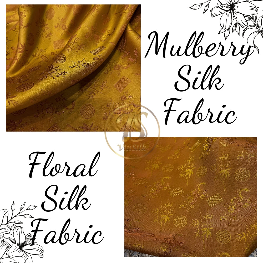 PATTERN MULBERRY SILK fabric by the yard - yellow silk with bamboo pattern - Handmade fabric – Dress making – Silk for sewing - Gift for women