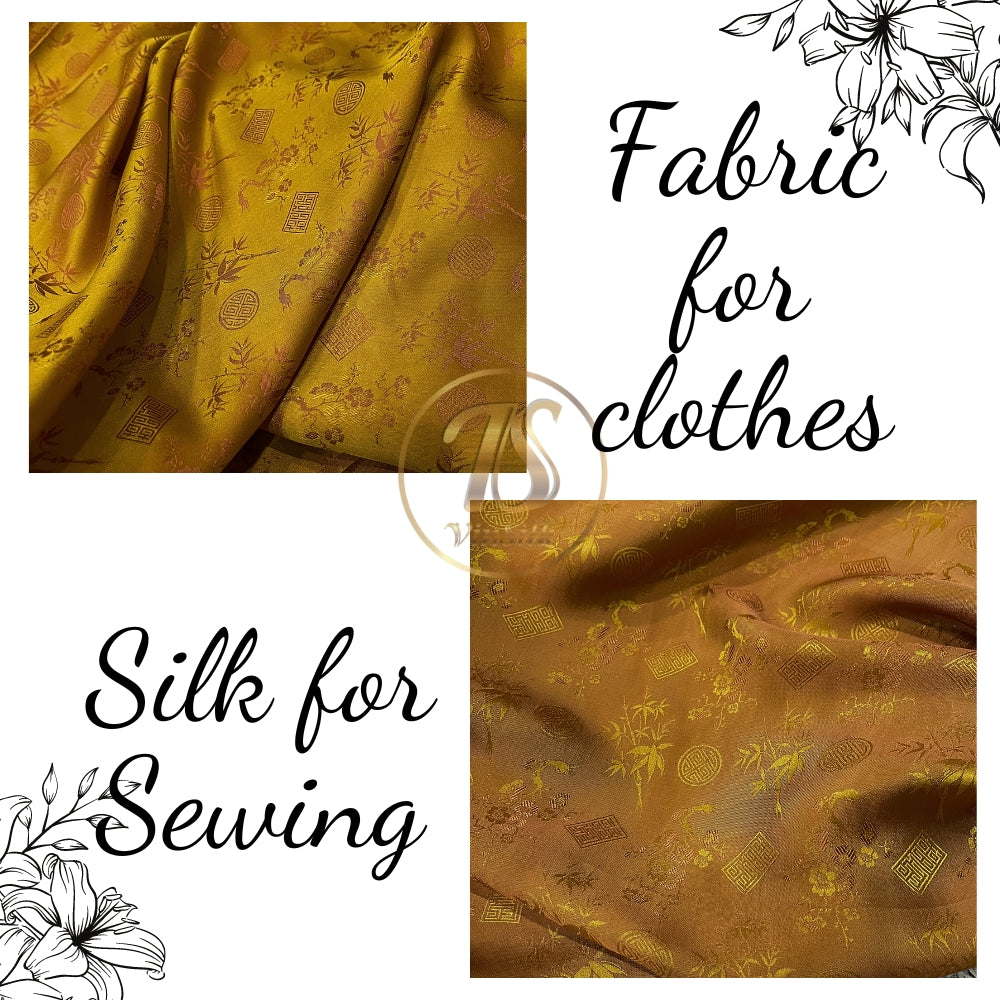 PATTERN MULBERRY SILK fabric by the yard - yellow silk with bamboo pattern - Handmade fabric – Dress making – Silk for sewing - Gift for women