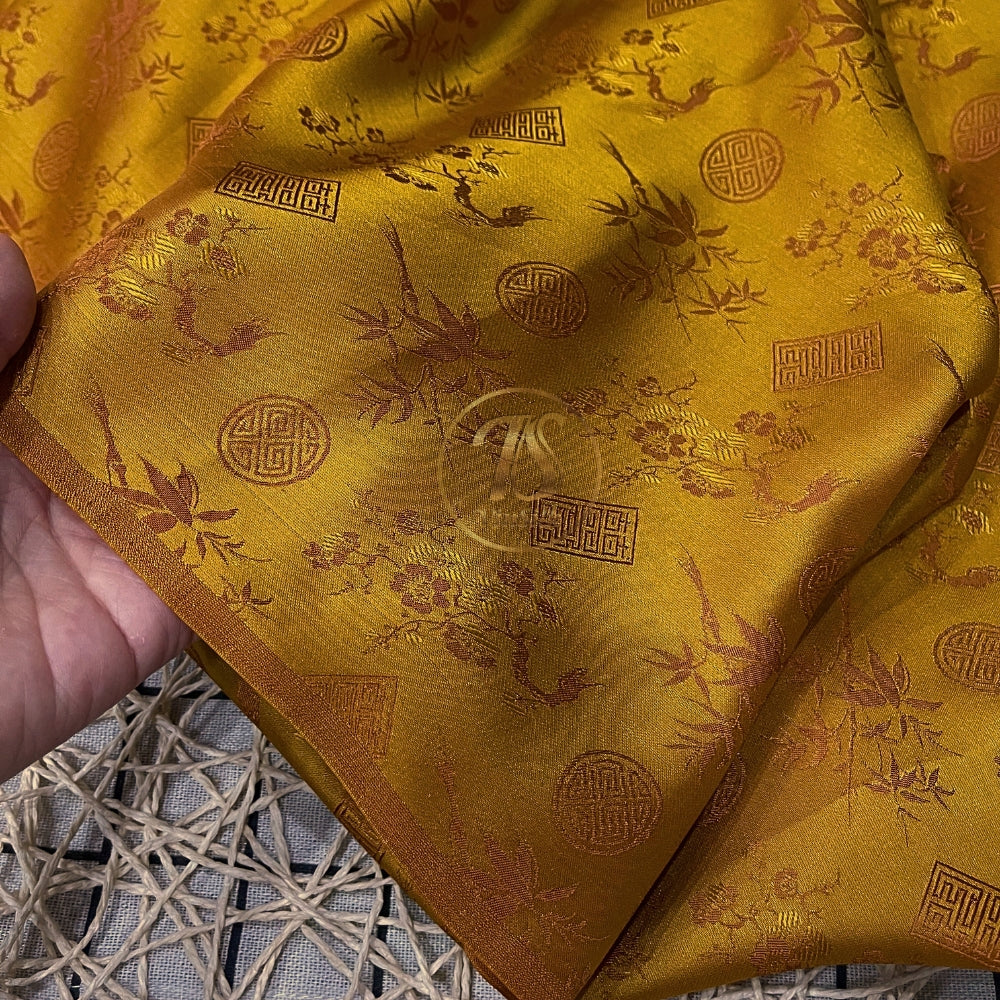 PATTERN MULBERRY SILK fabric by the yard - yellow silk with bamboo pattern - Handmade fabric – Dress making – Silk for sewing - Gift for women