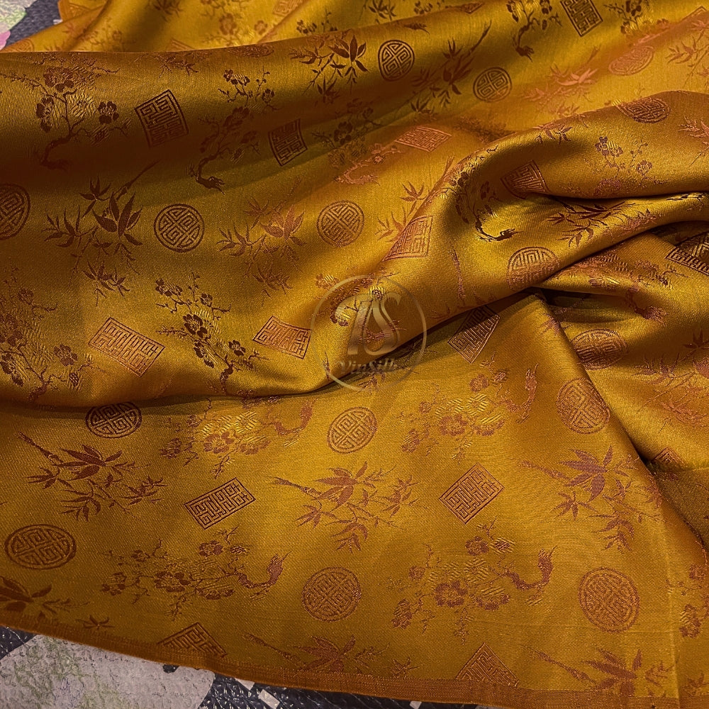 PATTERN MULBERRY SILK fabric by the yard - yellow silk with bamboo pattern - Handmade fabric – Dress making – Silk for sewing - Gift for women