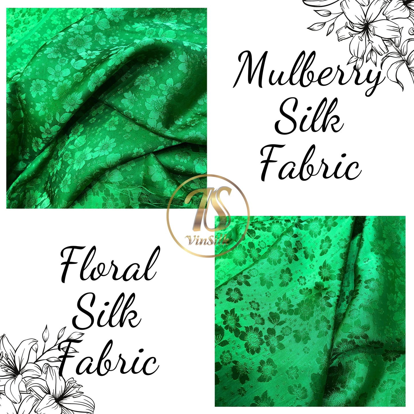 PURE MULBERRY SILK fabric by the yard - Green floral silk fabric - Handmade silk – Dress making – Silk for sewing - Gift for women