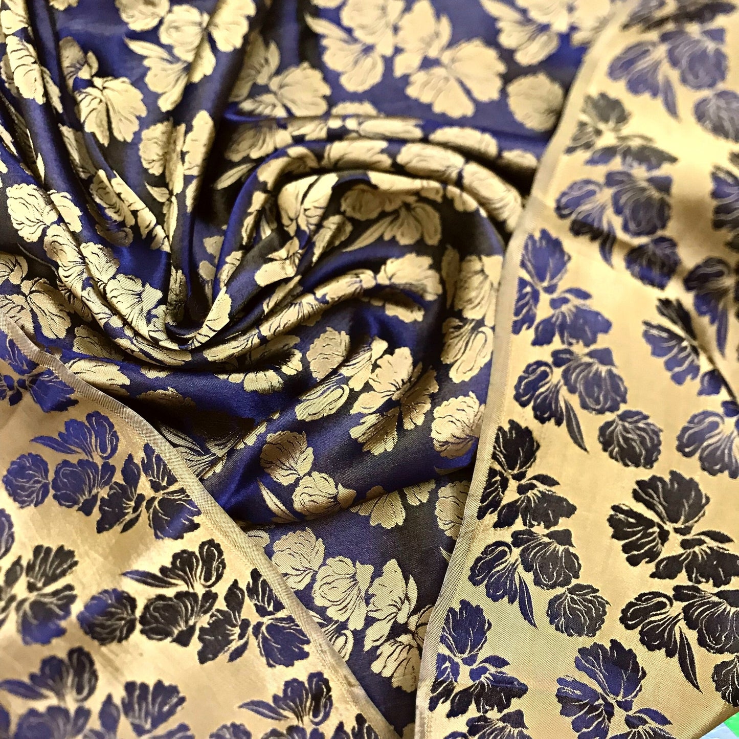 PURE MULBERRY SILK fabric by the yard - Handmade fabric – Dress making – Silk for sewing - Gift for women - Blue silk with yellow floral pattern