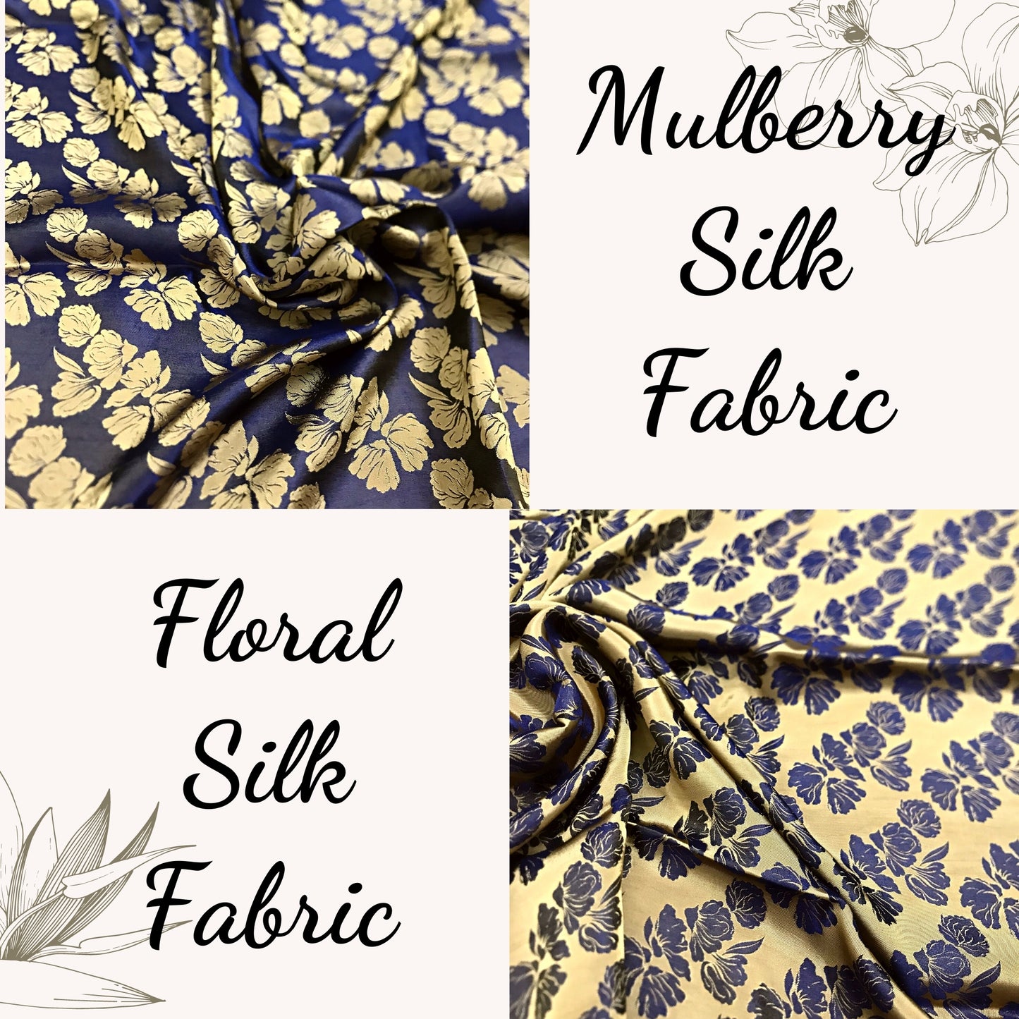 PURE MULBERRY SILK fabric by the yard - Handmade fabric – Dress making – Silk for sewing - Gift for women - Blue silk with yellow floral pattern