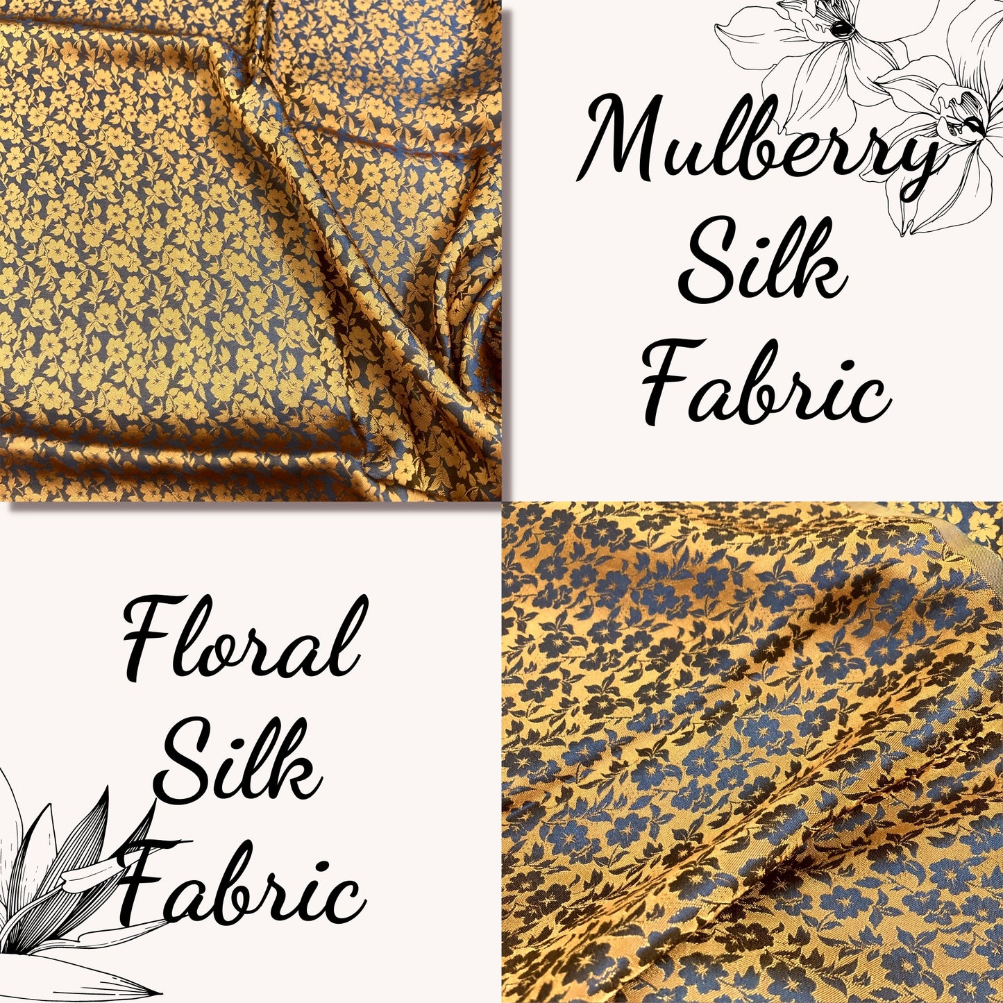 PURE MULBERRY SILK fabric by the yard - Floral silk - Handmade fabric – Dress making – Silk for sewing - Silk apparel fabric