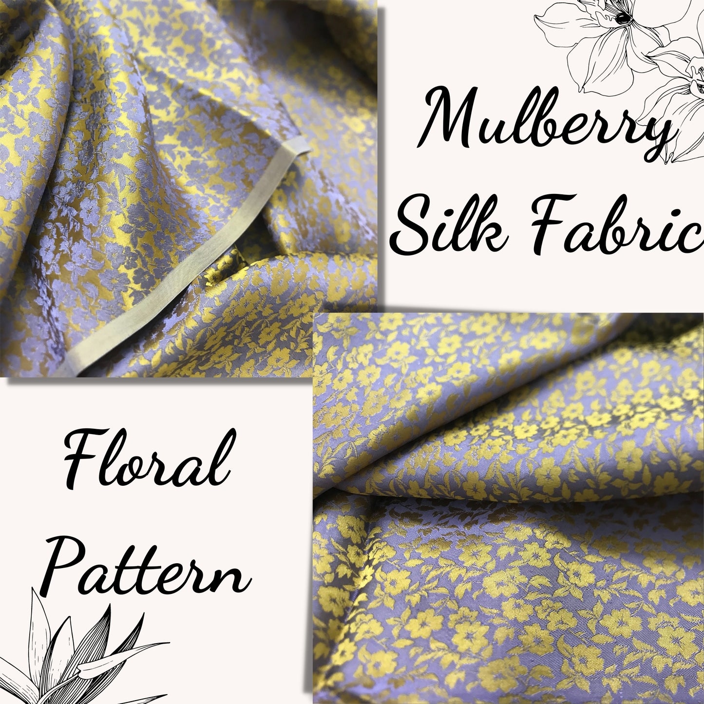 PURE MULBERRY SILK fabric by the yard - Yellow floral pattern fabric - Handmade silk – Dress making – Silk for sewing - Gift for her