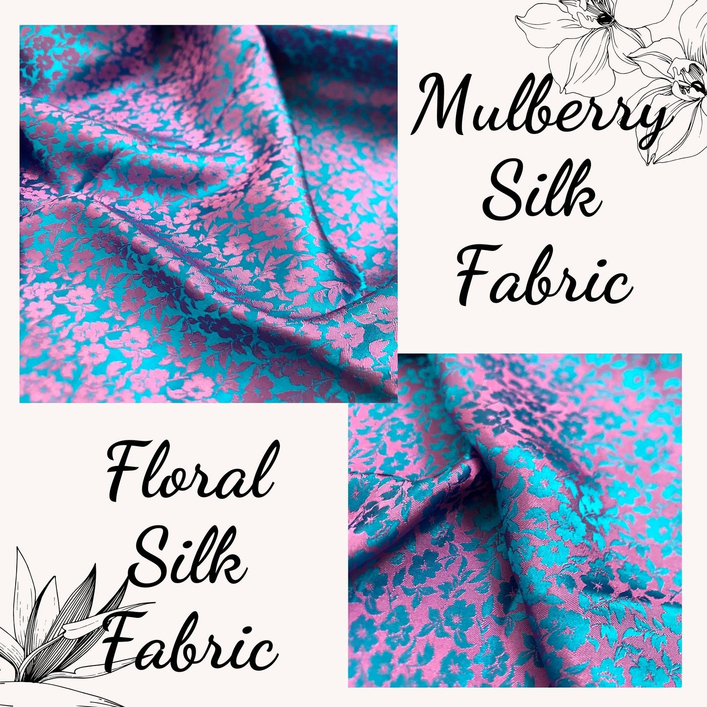 PURE MULBERRY SILK fabric by the yard - Pink floral silk - Blue silk fabric - Handmade fabric – Dress making – Silk for sewing - Gift for women