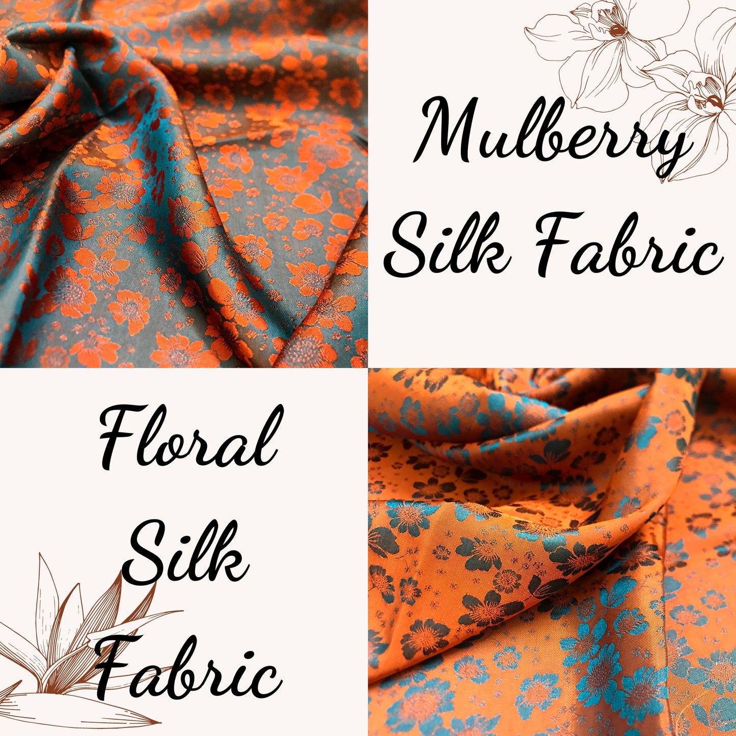 PURE MULBERRY SILK fabric by the yard - Orange floral silk fabric - Handmade silk – Dress making – Silk for sewing - Gift for women