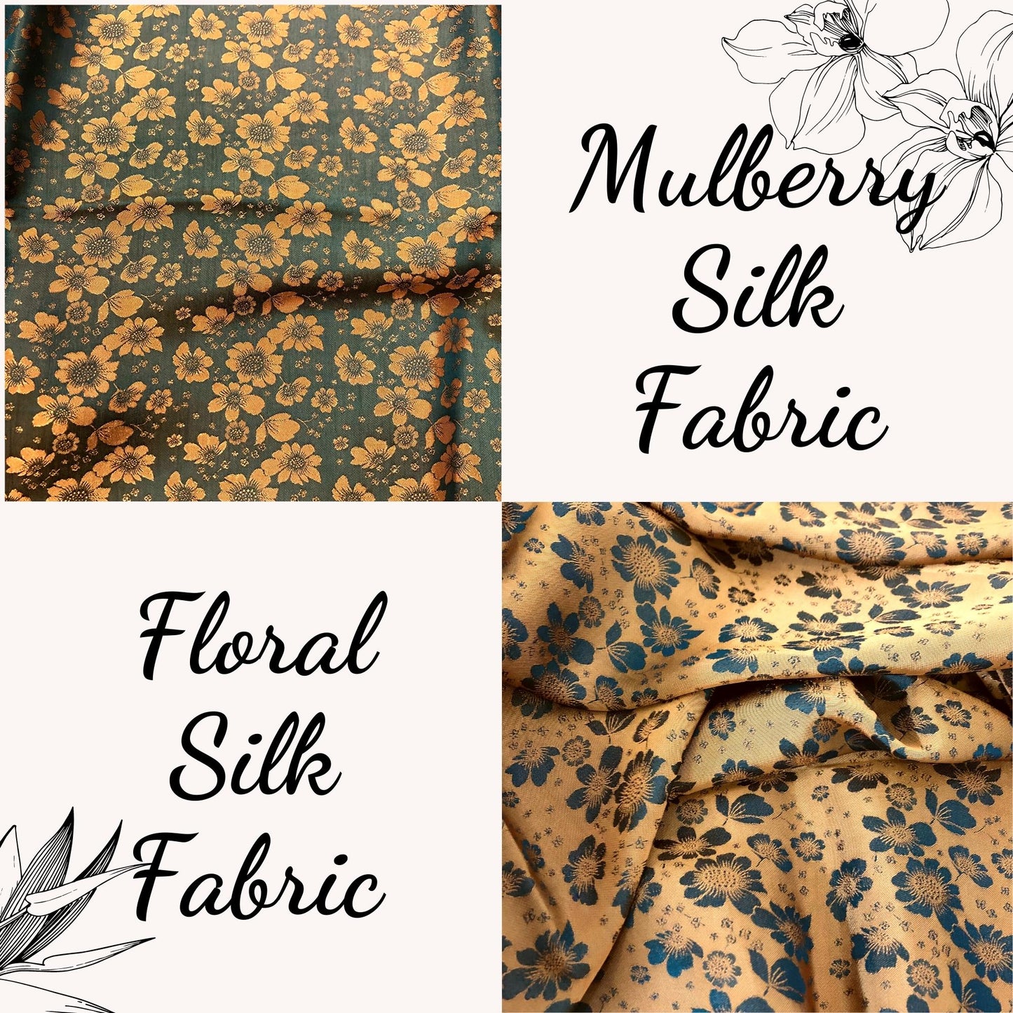 PURE MULBERRY SILK fabric by the yard - Yellow floral silk fabric - Handmade silk – Dress making – Silk apparel fabric - Gift for women