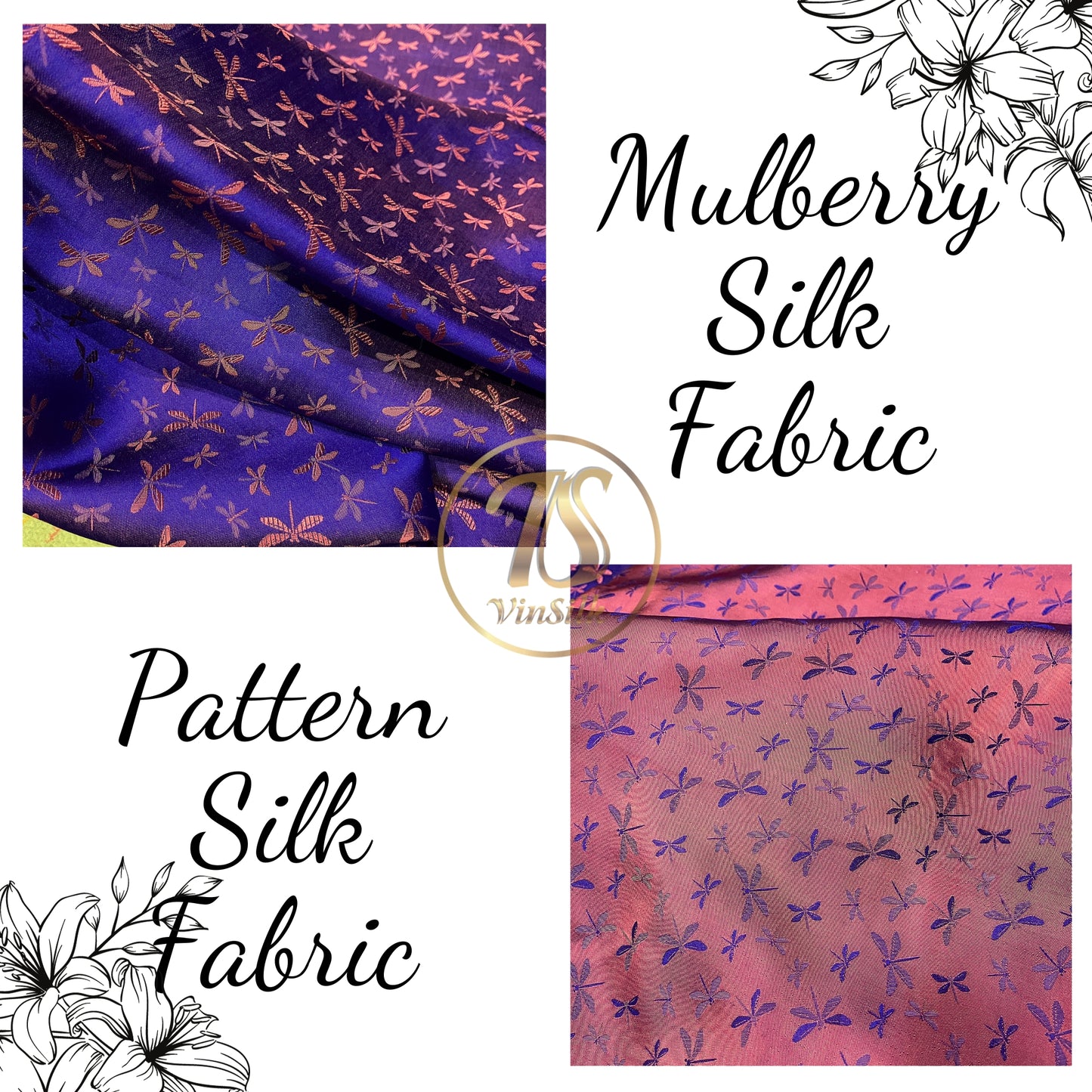 PURE MULBERRY SILK fabric by the yard - Dragonfly pattern silk fabric - Handmade fabric – Dress making – Silk for sewing - Gift for women