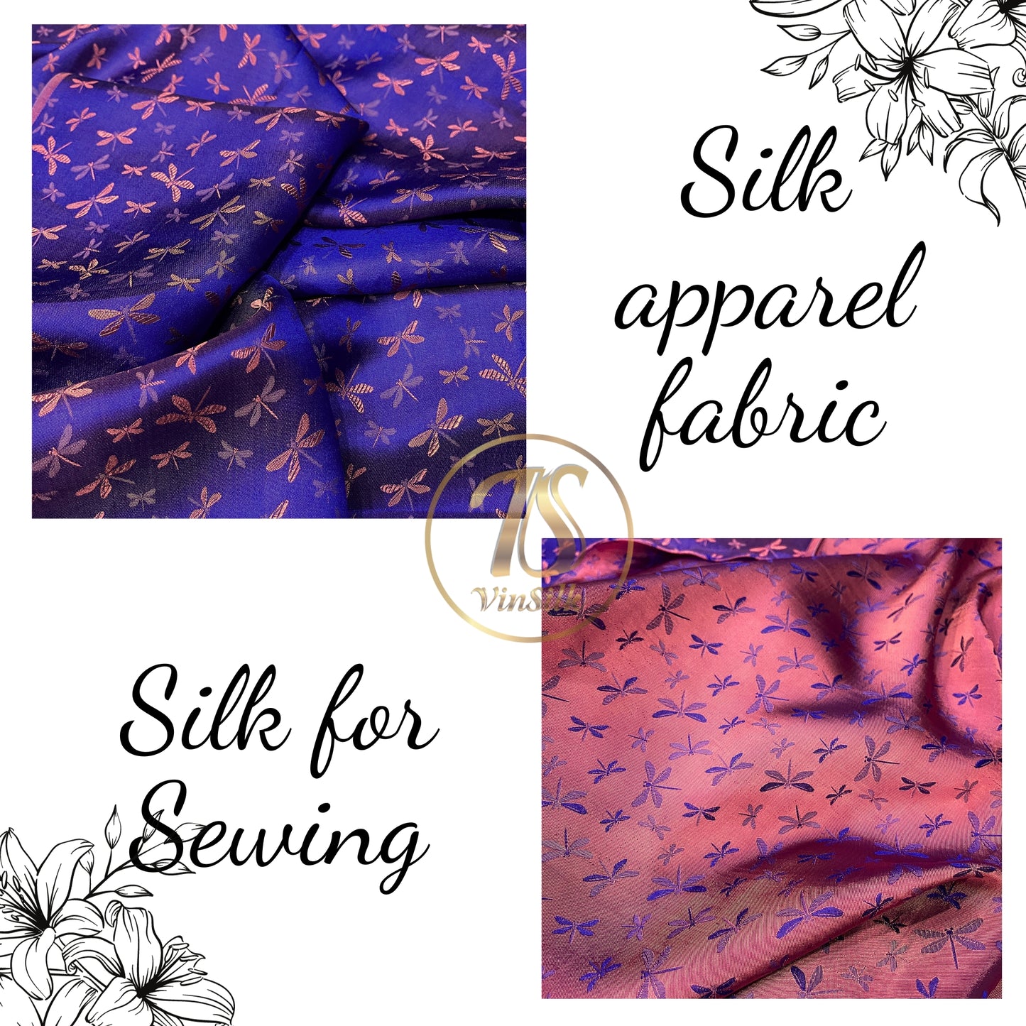 PURE MULBERRY SILK fabric by the yard - Dragonfly pattern silk fabric - Handmade fabric – Dress making – Silk for sewing - Gift for women