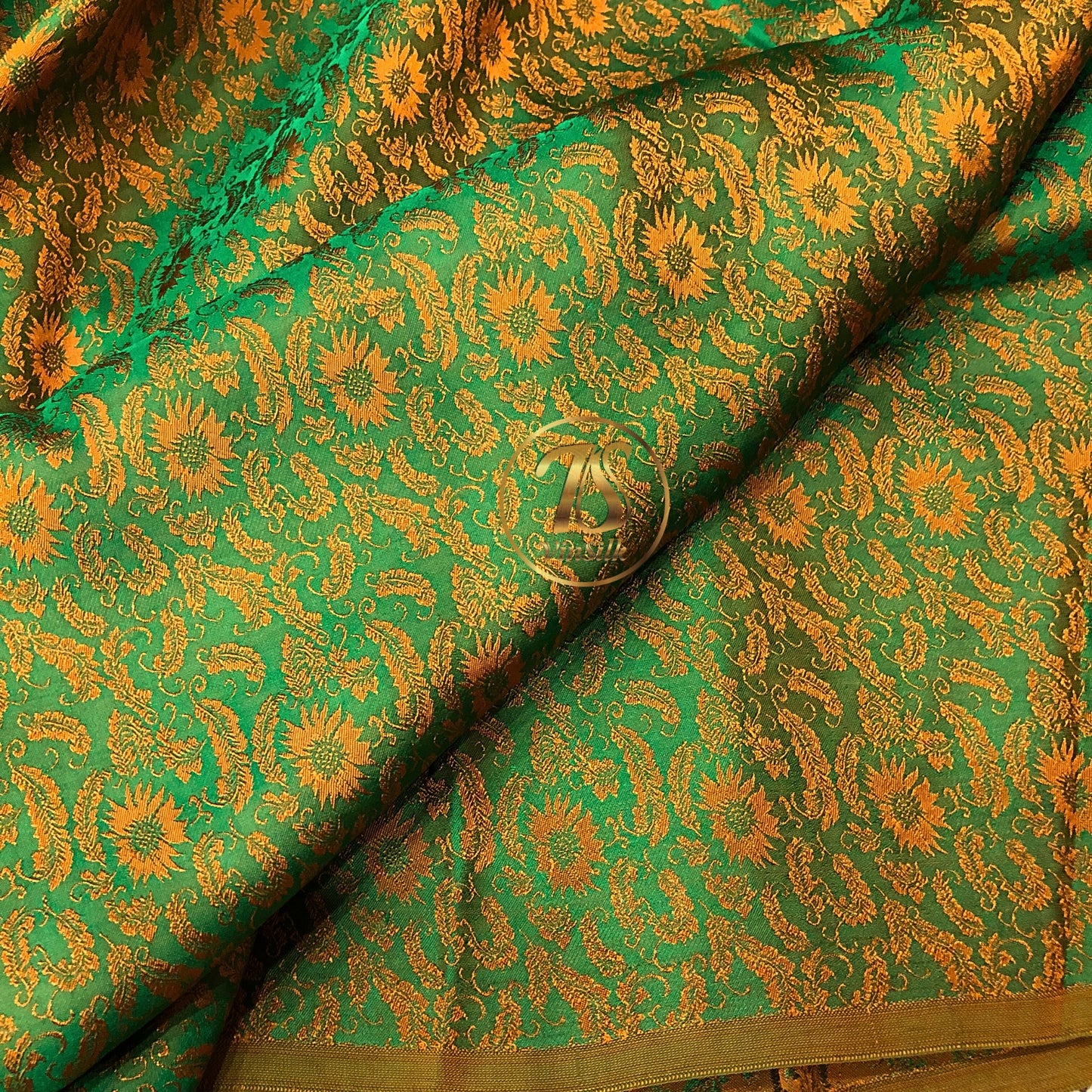 Green silk fabric with mulberry orange chrysanthemum pattern, Pure mulberry silk, Handmade fabric, Organic fiber, Vintage textile