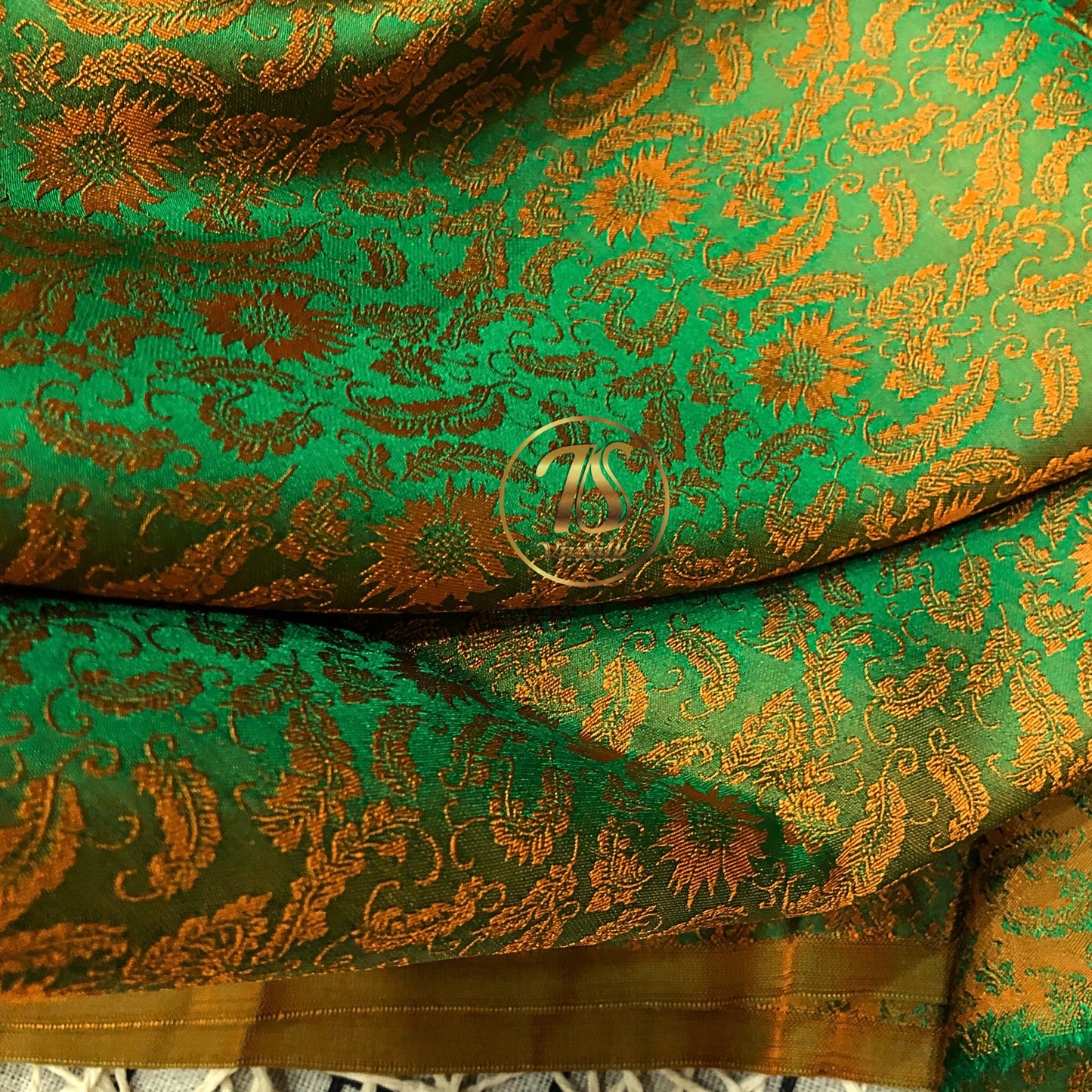 Green silk fabric with mulberry orange chrysanthemum pattern, Pure mulberry silk, Handmade fabric, Organic fiber, Vintage textile