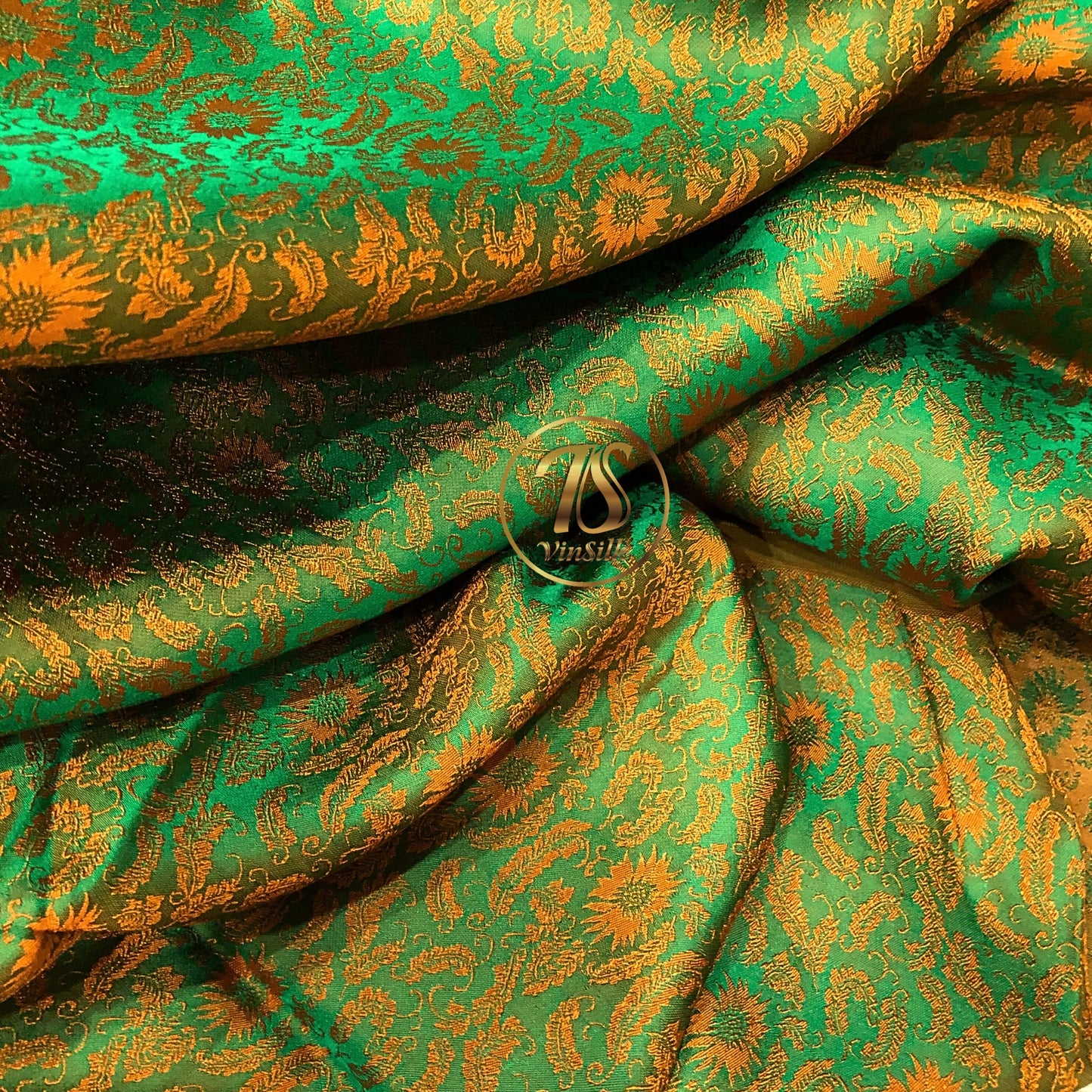 Green silk fabric with mulberry orange chrysanthemum pattern, Pure mulberry silk, Handmade fabric, Organic fiber, Vintage textile