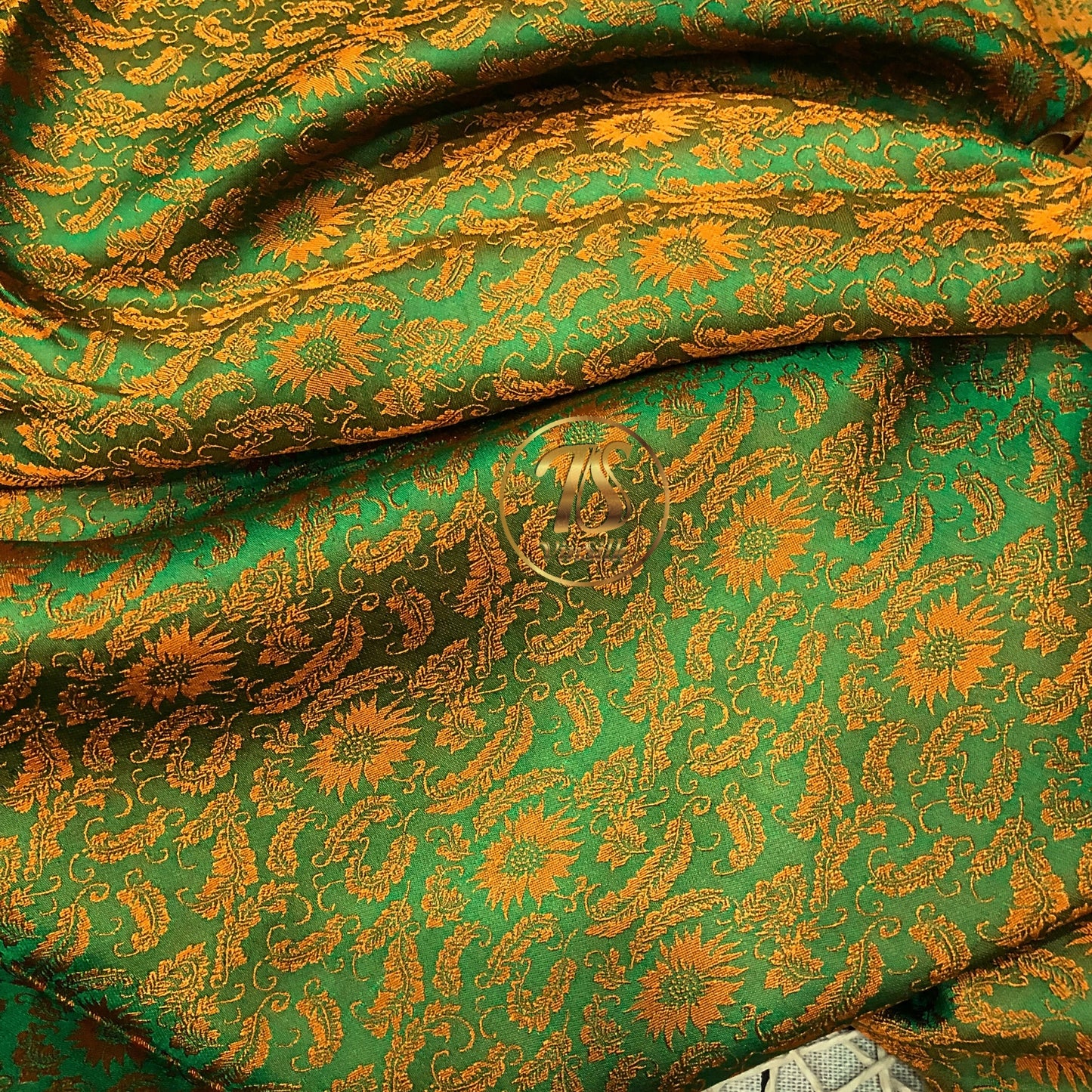 Green silk fabric with mulberry orange chrysanthemum pattern, Pure mulberry silk, Handmade fabric, Organic fiber, Vintage textile