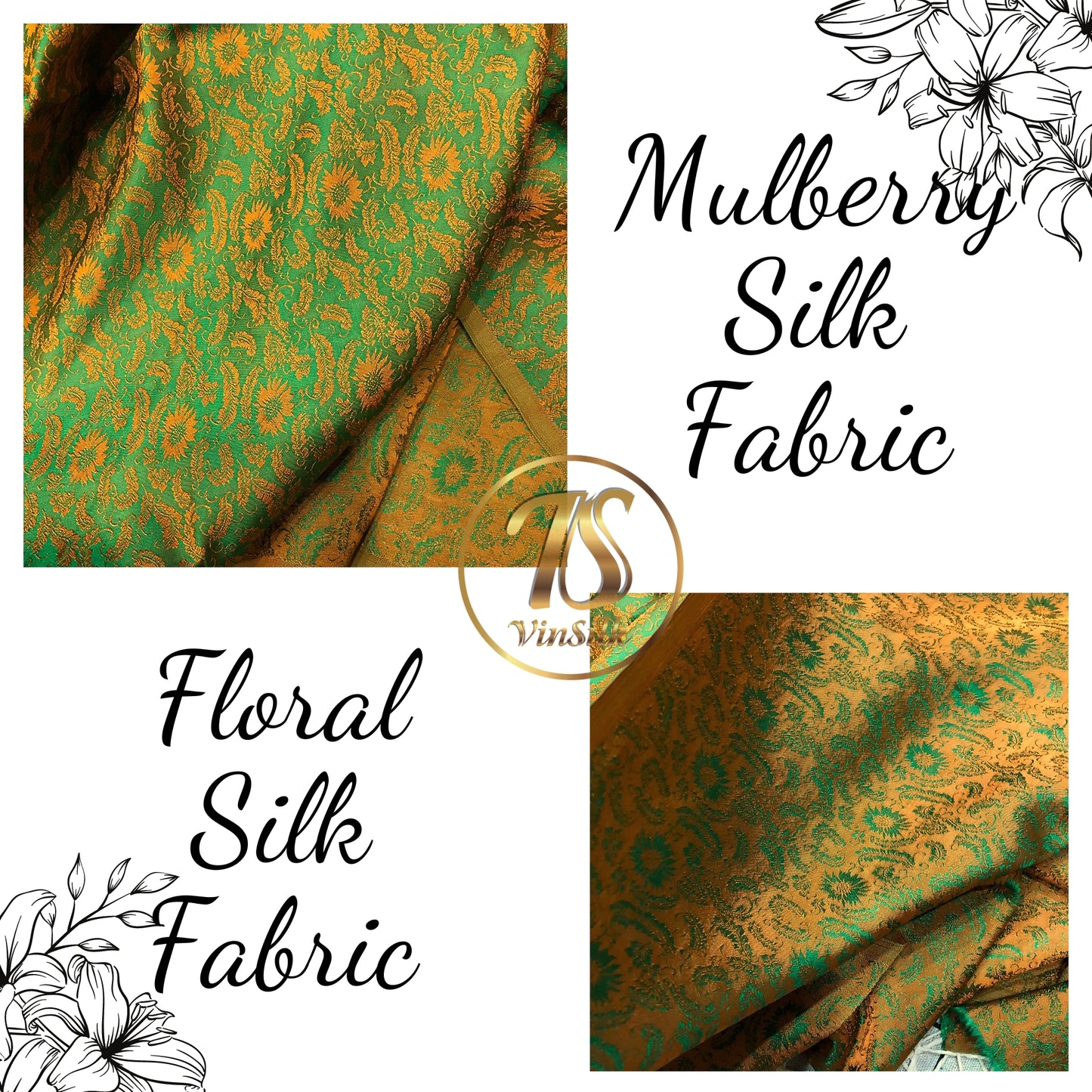 Green silk fabric with mulberry orange chrysanthemum pattern, Pure mulberry silk, Handmade fabric, Organic fiber, Vintage textile