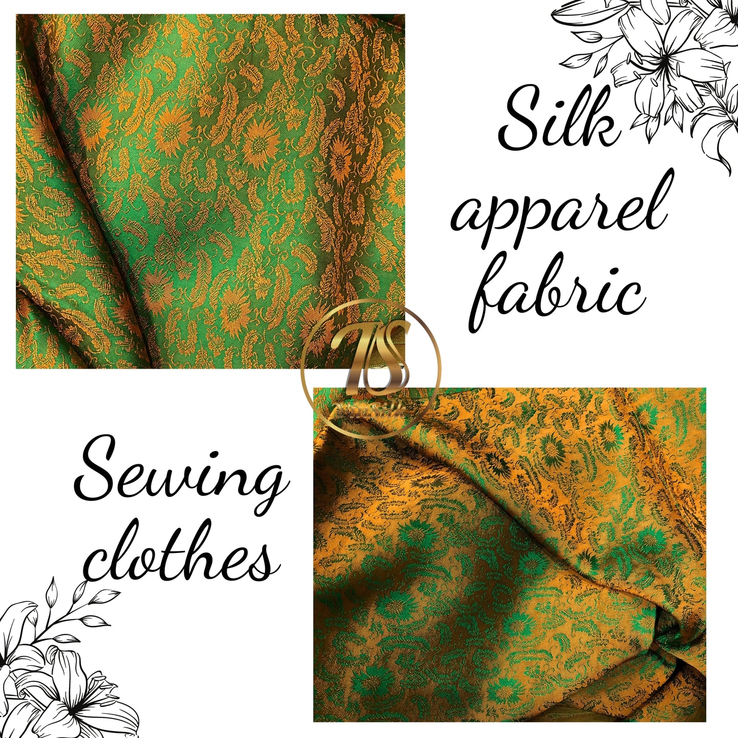 Green silk fabric with mulberry orange chrysanthemum pattern, Pure mulberry silk, Handmade fabric, Organic fiber, Vintage textile