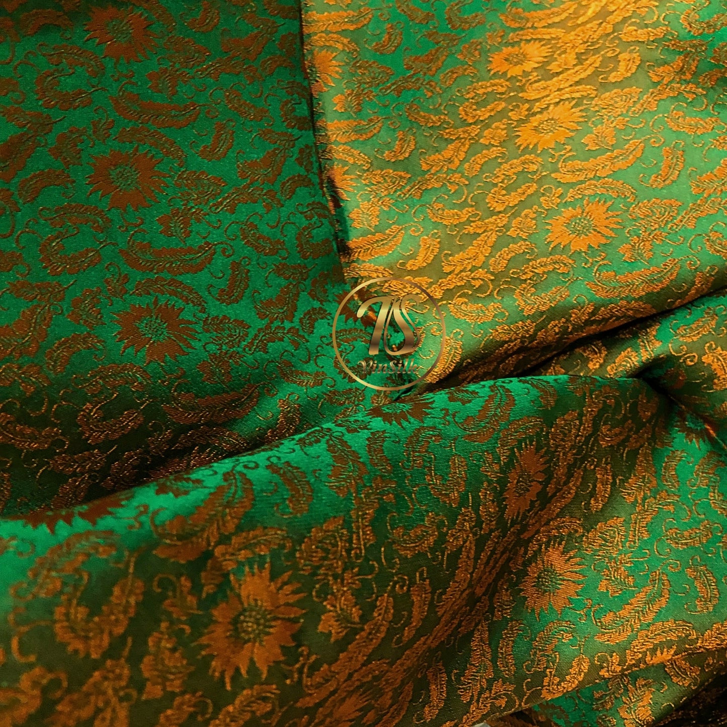 Green silk fabric with mulberry orange chrysanthemum pattern, Pure mulberry silk, Handmade fabric, Organic fiber, Vintage textile