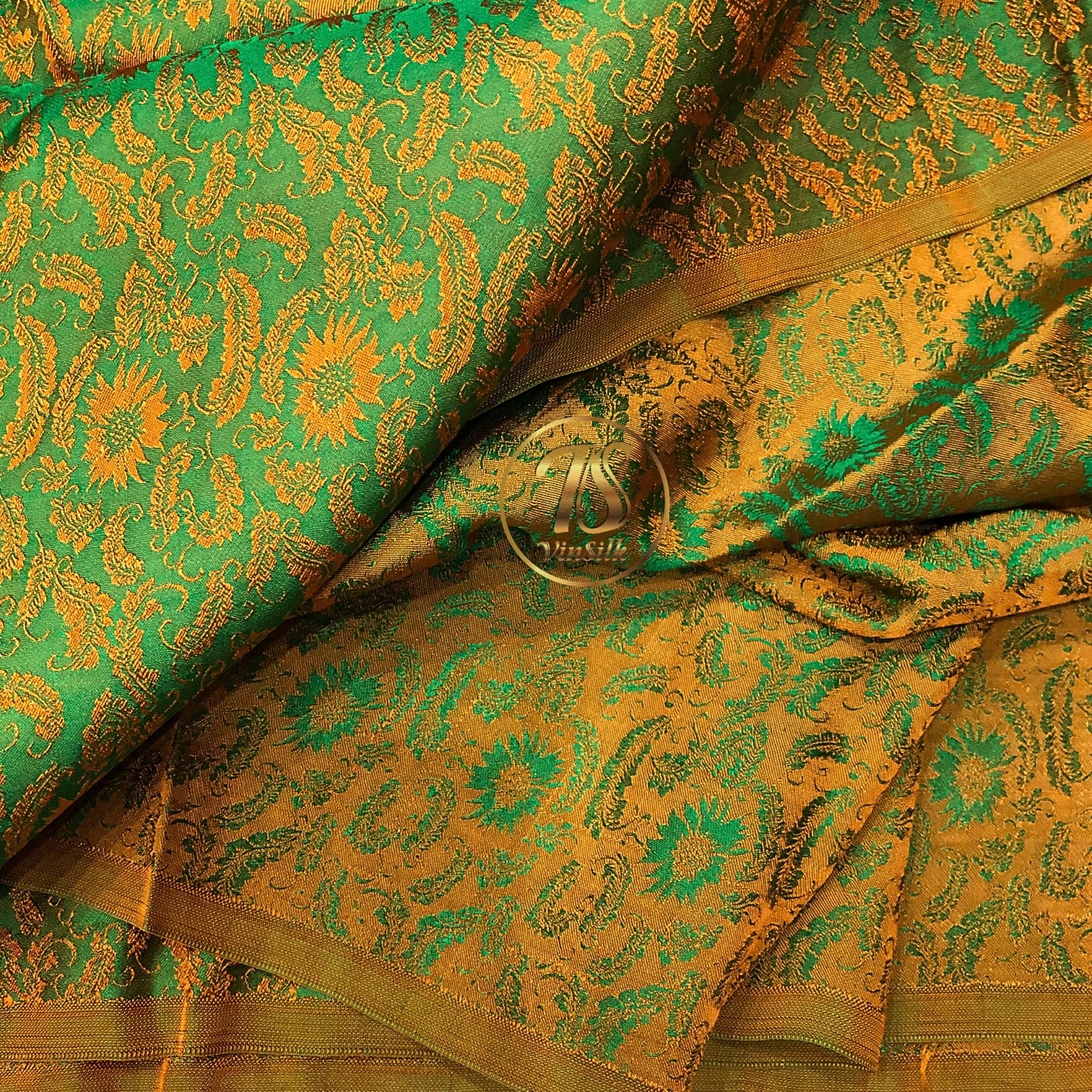 Green silk fabric with mulberry orange chrysanthemum pattern, Pure mulberry silk, Handmade fabric, Organic fiber, Vintage textile