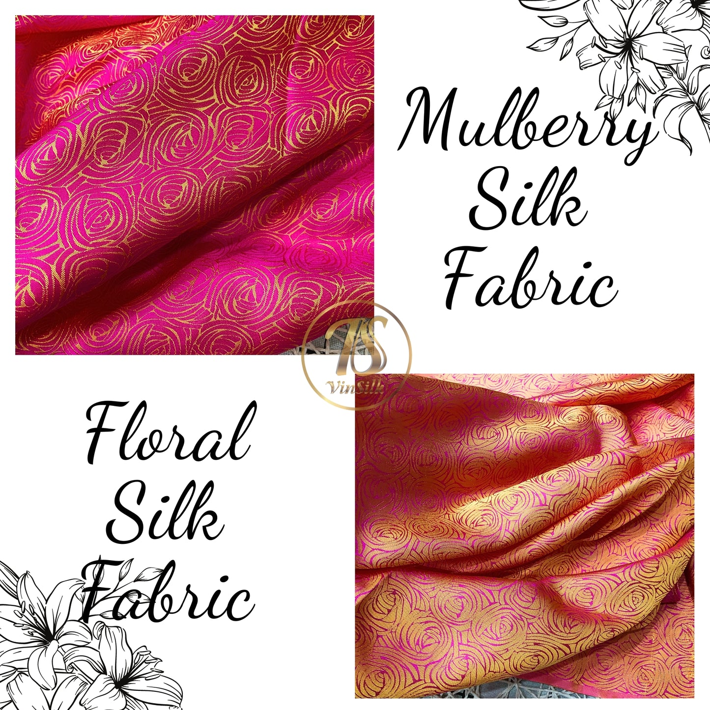 pink silk fabric with mulberry cabbage pattern, Pure mulberry silk, Handmade fabric, Organic fiber