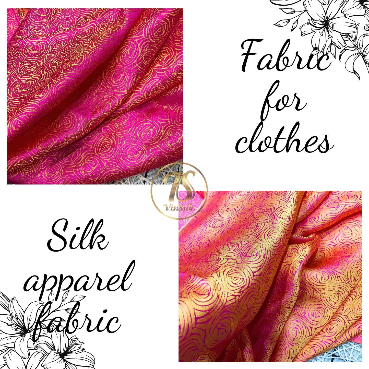 pink silk fabric with mulberry cabbage pattern, Pure mulberry silk, Handmade fabric, Organic fiber