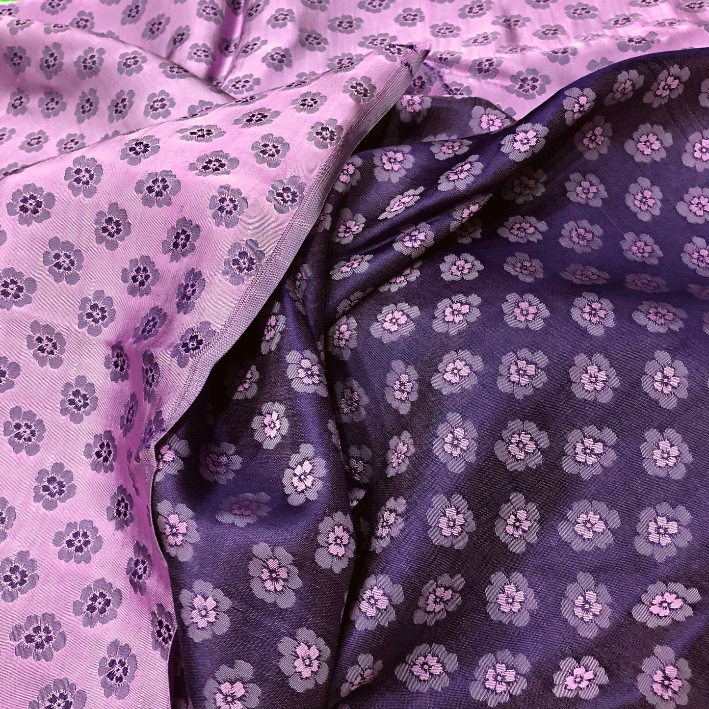 Purple silk with peach pattern fabric, Pure mulberry silk, Handmade fabric, Organic fiber, Vintage textile, Silk dress