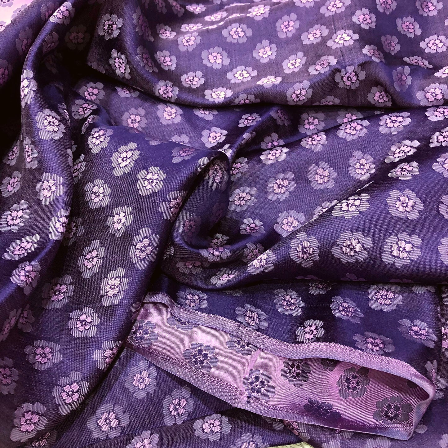 Purple silk with peach pattern fabric, Pure mulberry silk, Handmade fabric, Organic fiber, Vintage textile, Silk dress