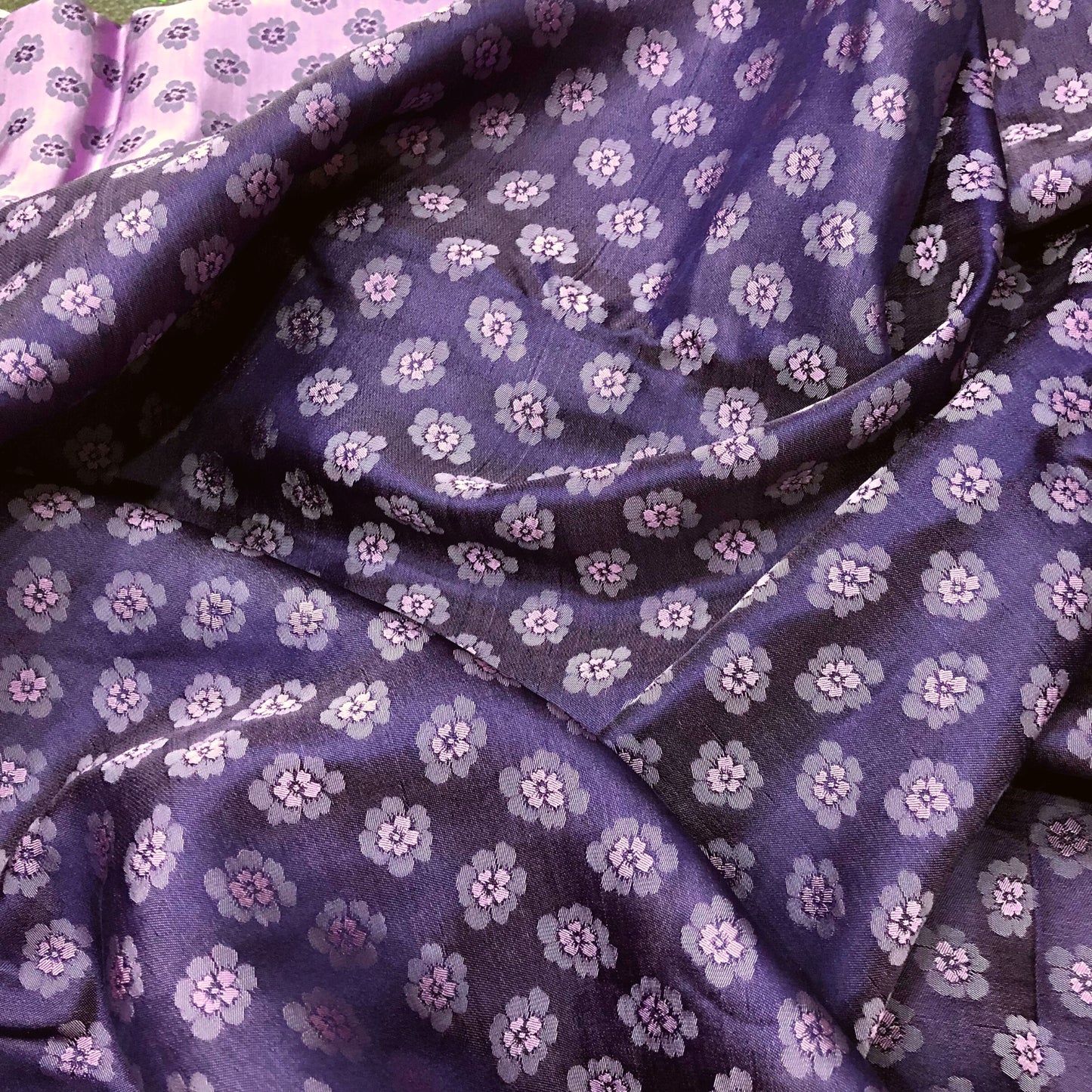 Purple silk with peach pattern fabric, Pure mulberry silk, Handmade fabric, Organic fiber, Vintage textile, Silk dress