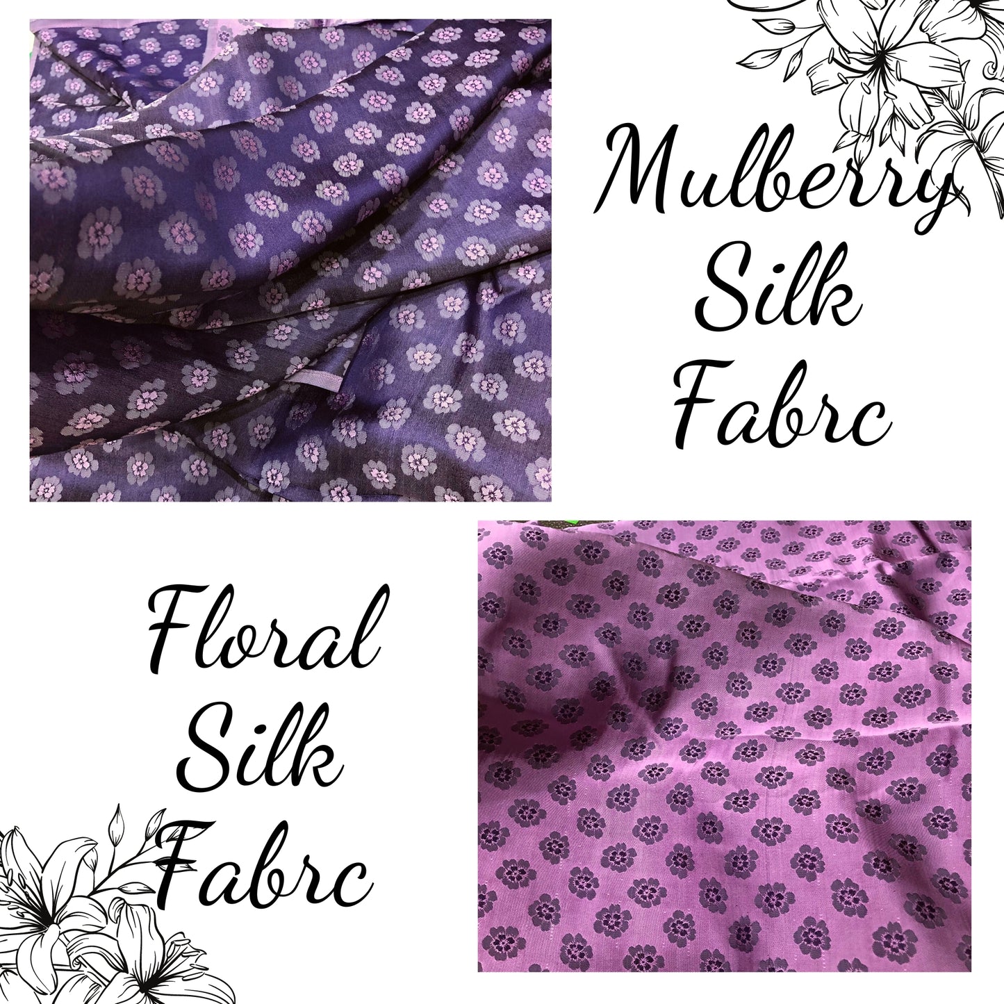 Purple silk with peach pattern fabric, Pure mulberry silk, Handmade fabric, Organic fiber, Vintage textile, Silk dress