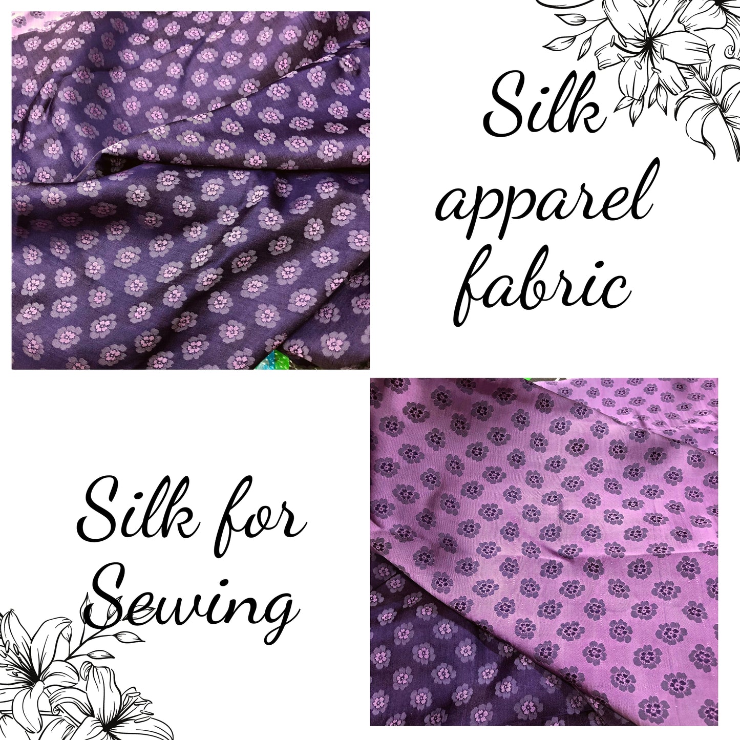 Purple silk with peach pattern fabric, Pure mulberry silk, Handmade fabric, Organic fiber, Vintage textile, Silk dress