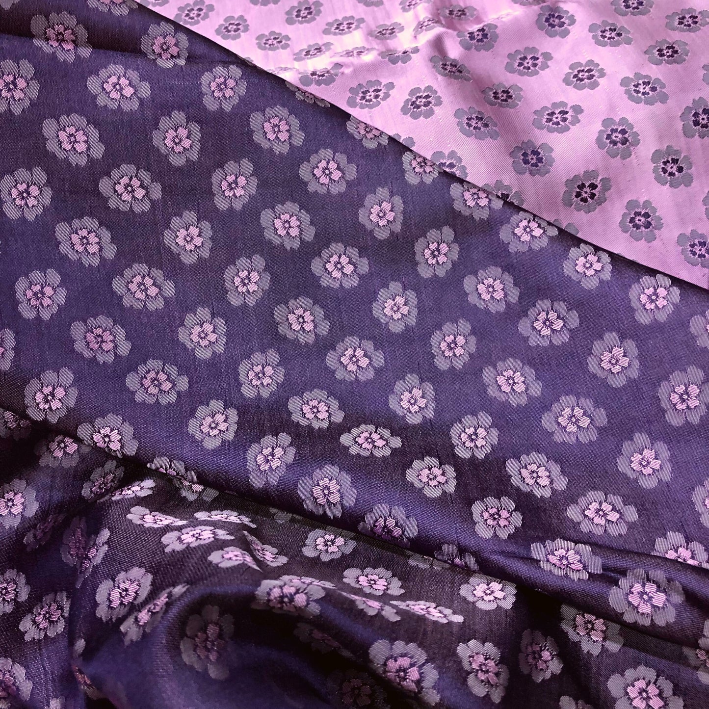 Purple silk with peach pattern fabric, Pure mulberry silk, Handmade fabric, Organic fiber, Vintage textile, Silk dress