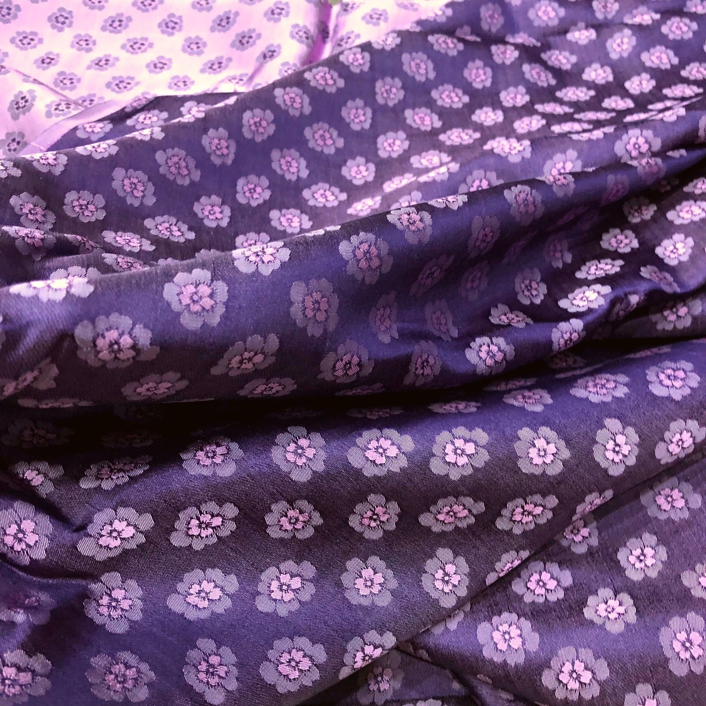 Purple silk with peach pattern fabric, Pure mulberry silk, Handmade fabric, Organic fiber, Vintage textile, Silk dress