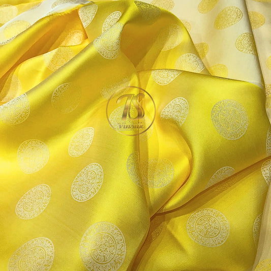 Yellow white silk fabric with mulberry Bronze drum pattern, Pure mulberry silk, Handmade fabric, Organic fiber, Vintage textile