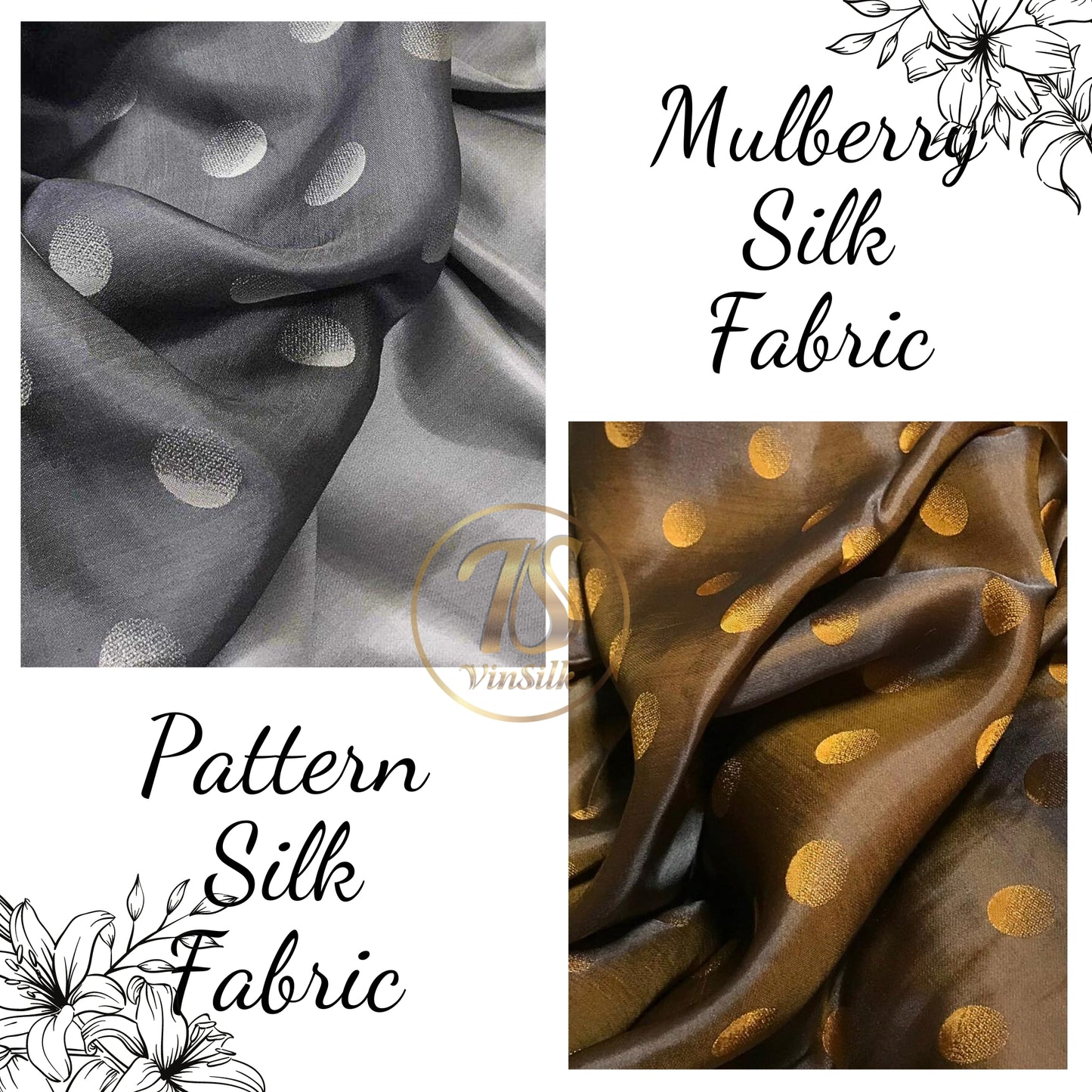 PURE MULBERRY SILK fabric by the yard - Polka dot pattern silk - Handmade silk – Dress making – Silk for sewing - Gift for her