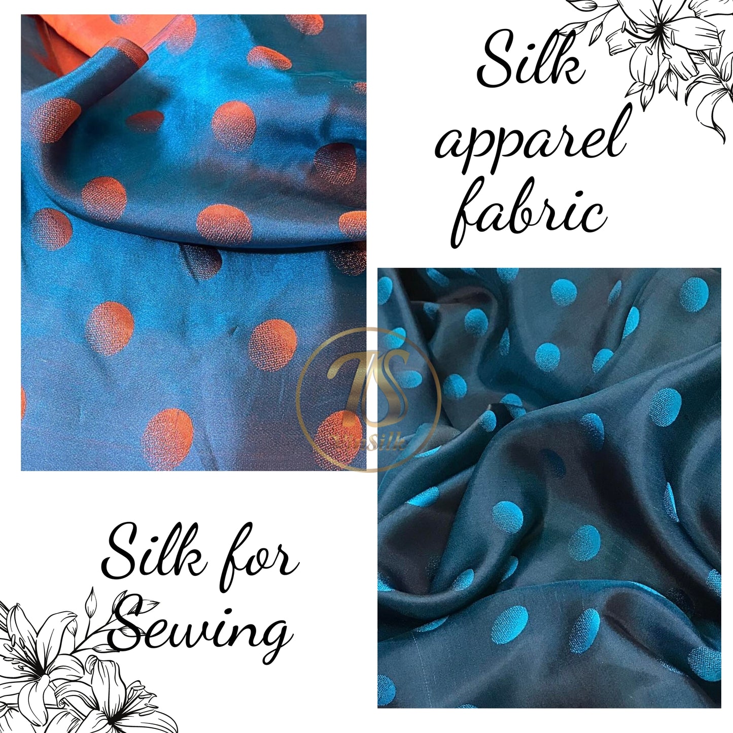 PURE MULBERRY SILK fabric by the yard - Polka dot pattern silk - Handmade silk – Dress making – Silk for sewing - Gift for her