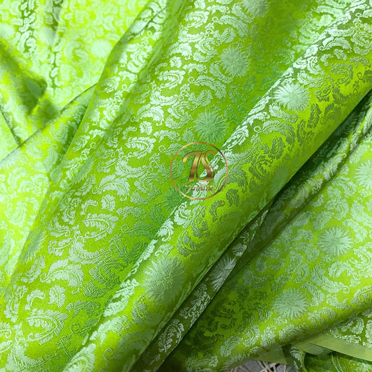 Green silk fabric with mulberry chrysanthemum pattern, Pure mulberry silk, Handmade fabric, Organic fiber, Vintage textile