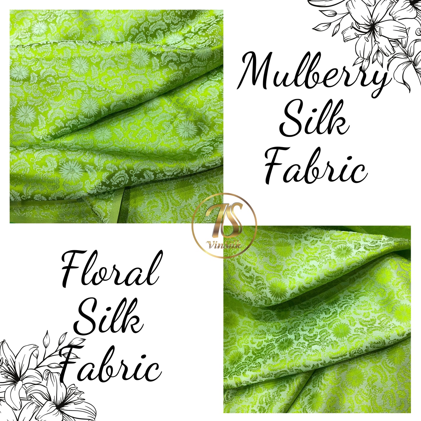 Green silk fabric with mulberry chrysanthemum pattern, Pure mulberry silk, Handmade fabric, Organic fiber, Vintage textile